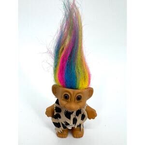 Vintage Russ Lucky Troll Doll Rainbow Hair Brown Eyes Cave Man Outfit